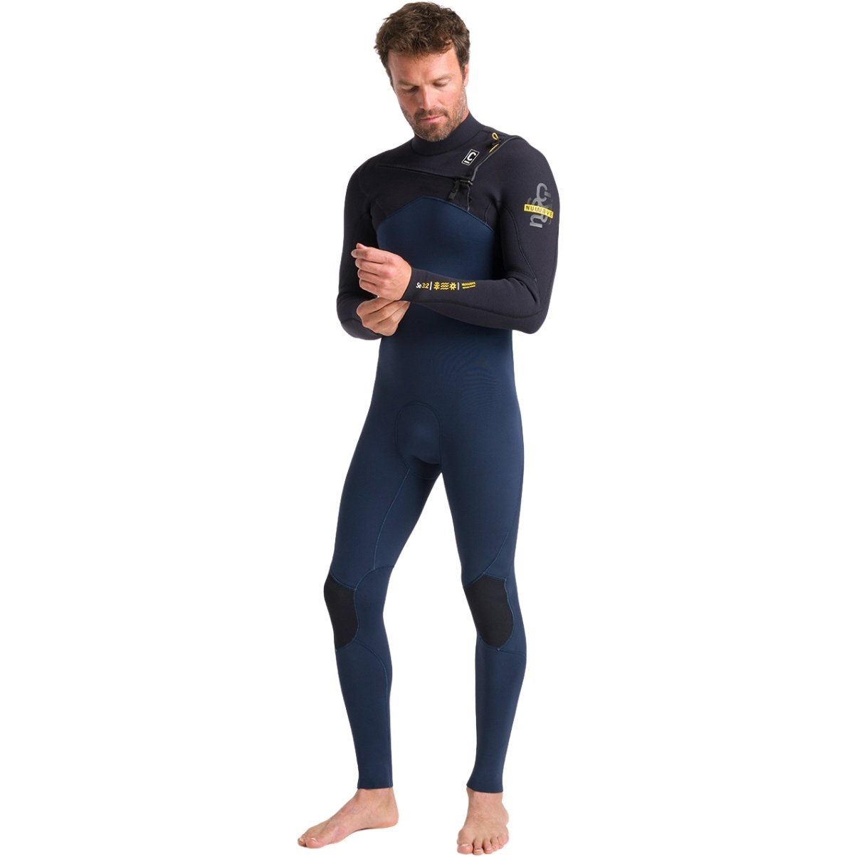 2026 C-Skins Mens NuWave Session 3/2mm GBS Chest Zip Wetsuit C-NSE32MCZ - Bluestone / Black X / Saffron